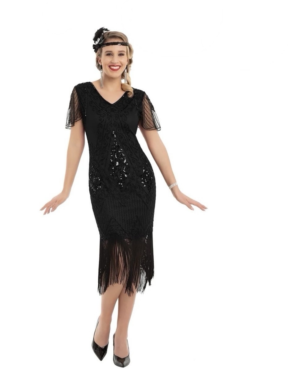 Vintage-Inspired Black Beaded Fringe Midi Dress - Picture 13 of 13